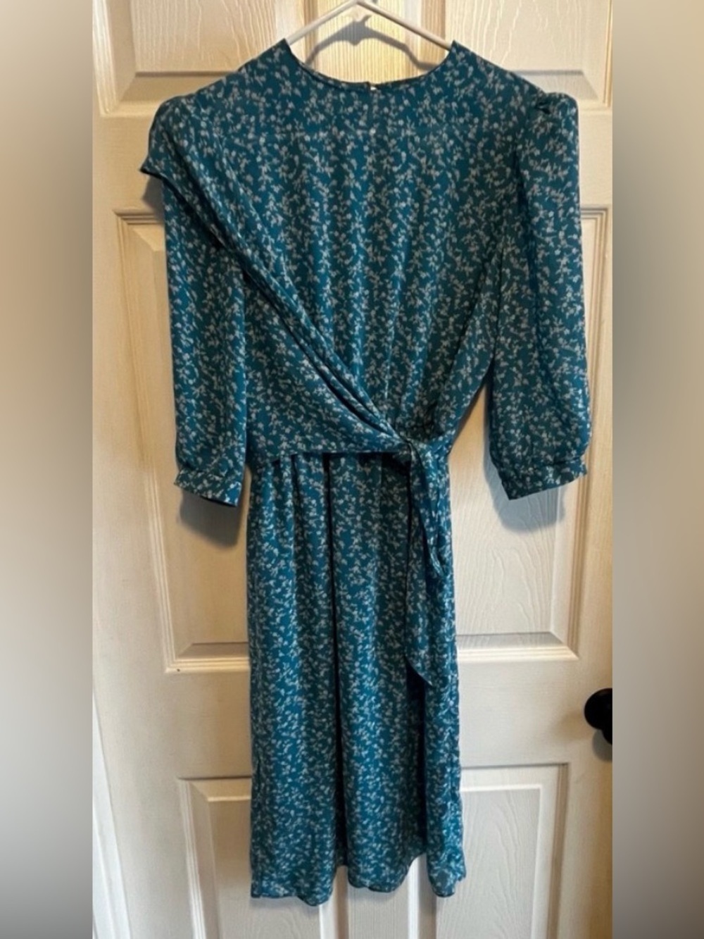 Vintage Alison Peters Petite Teal Floral Print Midi Dress Women's Size 10 Wrap